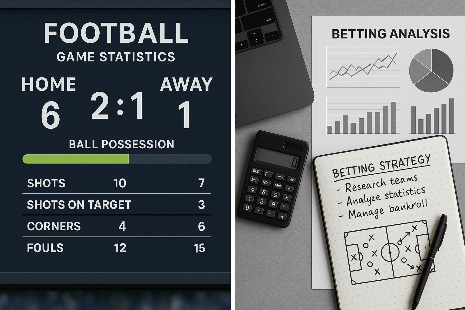 Football betting analysis with statistics charts and strategic planning materials