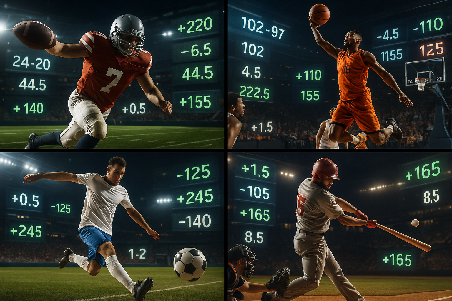 Multiple sports with betting odds and statistics overlay representing online sports betting variety